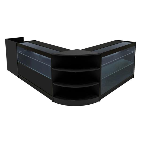 Theia LED Shop Counter Set in black features sleek glass shelves, curved design, and modern LED lighting for retail display