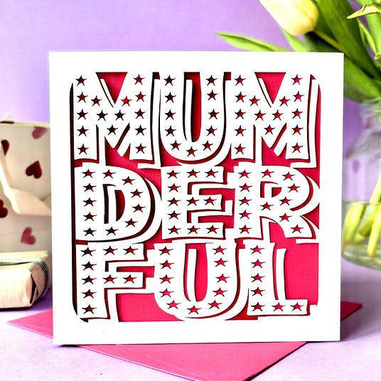 Handcrafted white Mumderful Mother's Day papercut card with star details and a hot pink paper insert