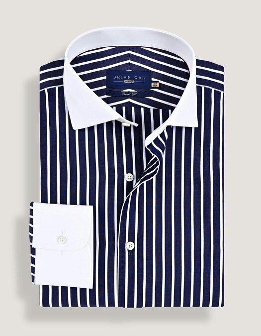 Men's Contrast Collar Striped Navy Formal Shirt