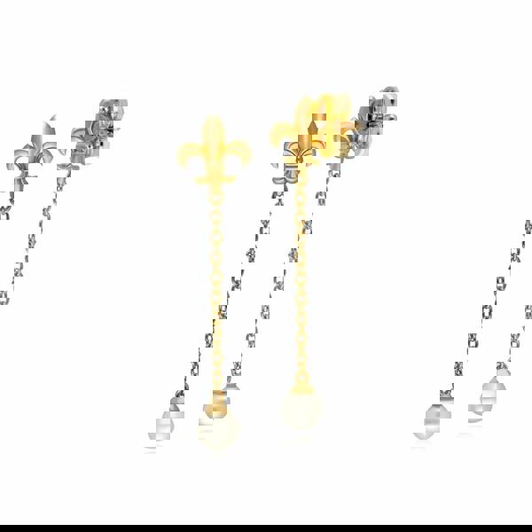 133E4119019 ECFEW™ Pearl Fleur De Lis Chain Drop Earrings In 9ct Yellow Gold 3