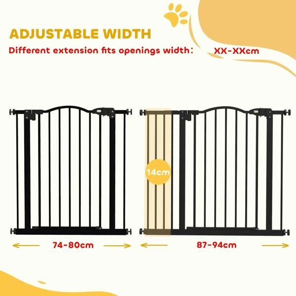 Adjustable black metal pet gate with auto-close door, 74–94 cm width