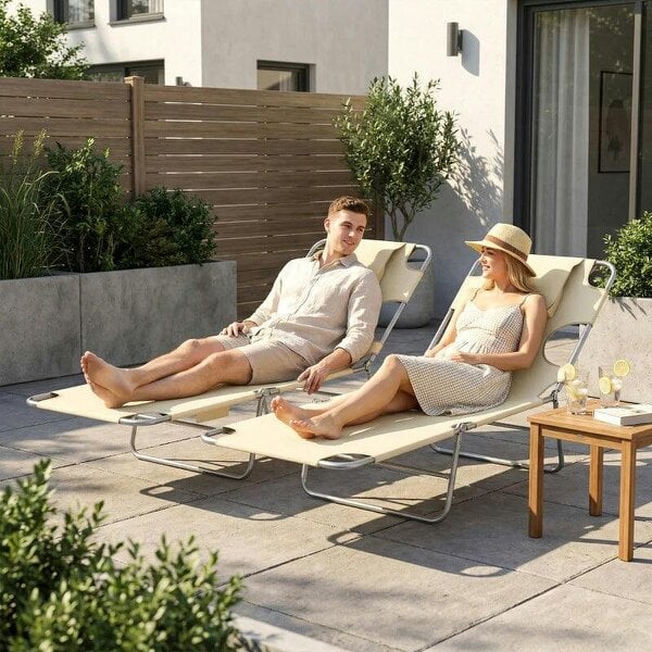 Bobobiy 5-Position Adjustable Sun Loungers Set of 2 with Reading Hole and Side Pocket, Beige
