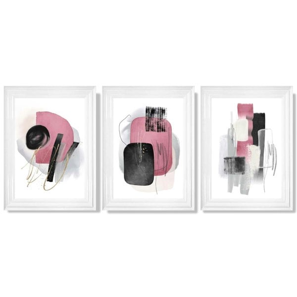 Set of 3 Abstract Black and Pink Watercolour Framed Art Prints with Glossy White Frames