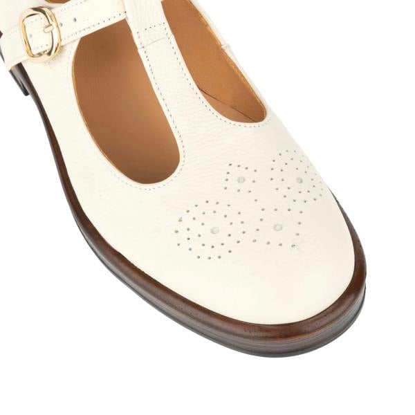 Embassy London Bloom - Cream - Women's Textured Leather T-Bar Shoe with Brogue Detail