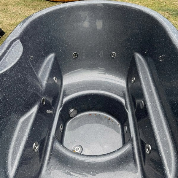 Layzee Living ofuro wood-fired tub with liner in pearl grey