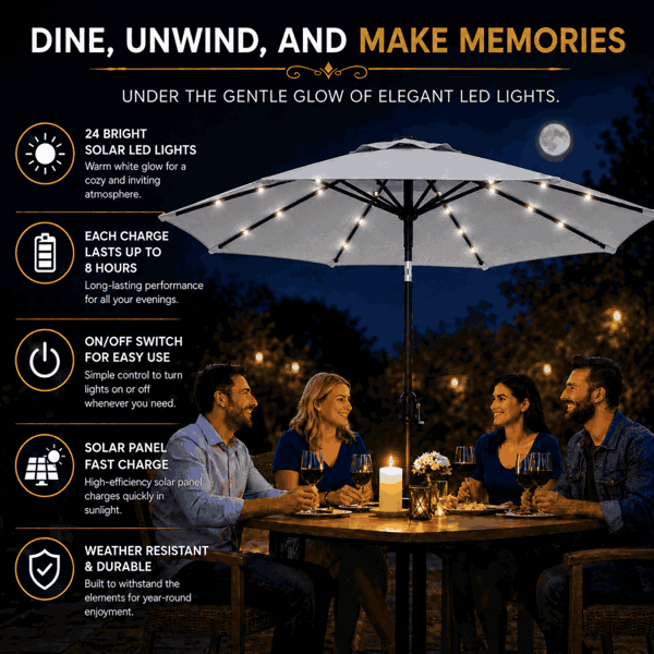 GlamHaus Garden Parasol Solar LED 2.7M ,Tilting Table Umbrella with Crank Handle, Protection UV40, Includes Parasol Cover- Grey