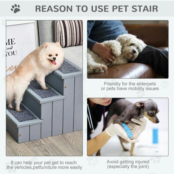 Grey pet stairs with three carpeted steps for easier access to couches and beds