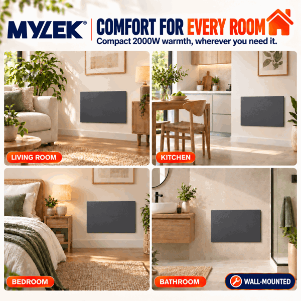 MYLEK Electric Radiator Panel Heater Grey WIFI Smart APP Eco 2000W Bathroom Safe Wall Mounted Timer Thermostat
