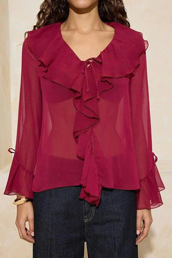 WOVCOR Ruffled Detail Transparent Chiffon Woven Blouse
