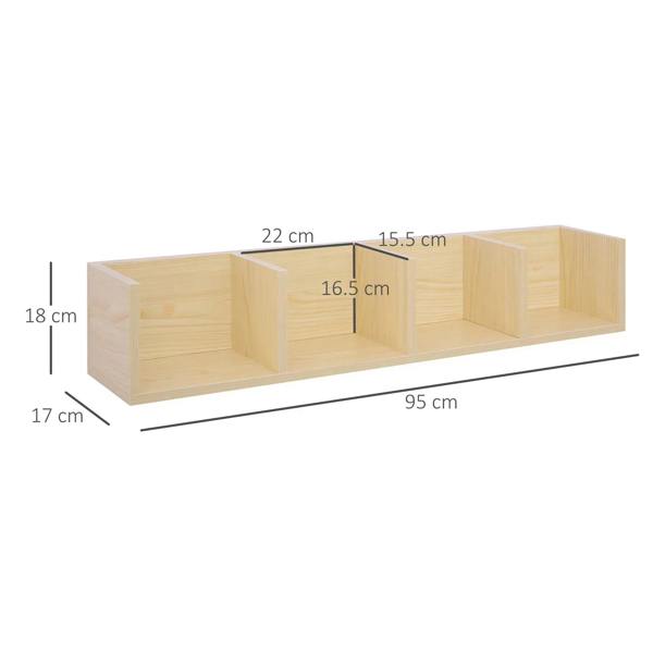 Wall-mounted wooden media rack with four open cubes, natural wood finish, 95 cm long