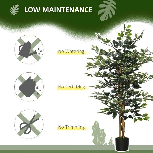 Artificial ficus plant with green leaves in a black pot, low-maintenance design