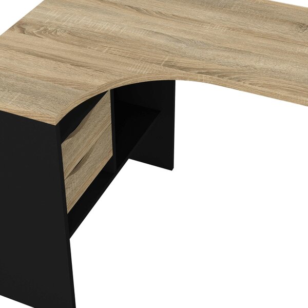 Wyld Haus Billabong Black and Natural Oak Wood Corner Office Desk 2 Drawers