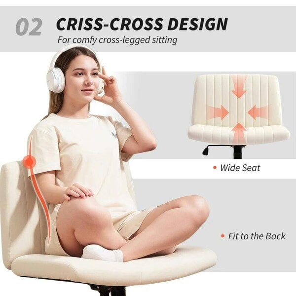 Bobobiy Armless Office Chair No Wheels, Linen Fabric Criss Cross Legged Desk Chair with Wide Seat, Height Adjustable Swivel Computer Seat, Cream