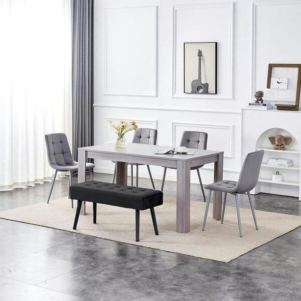 Kosy Koala Modern Grey Rectangle Dining Table Set With 4 Grey Velvet Chairs And 1 Grey Bench Dining Room Furniture - Table + 4 Grey Chairs + 1 Black Valvet Benche