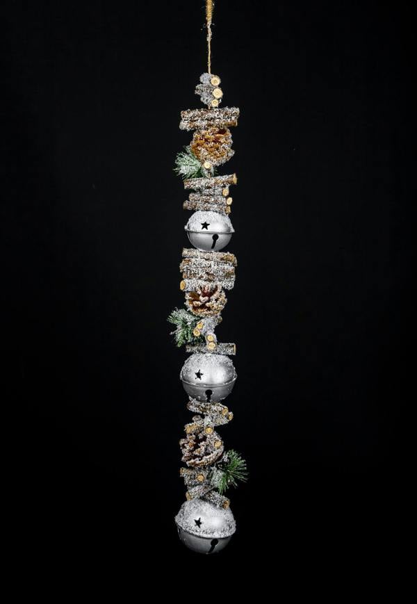 90cm Silver Christmas Hanging Decoration with Jingle Bells, Wooden Sticks, Pinecones and Berries image 1