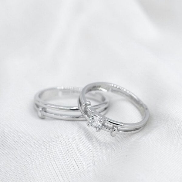The Colourful Aura Adjustable Silver his and hers Zircon Promise Striped Ring set