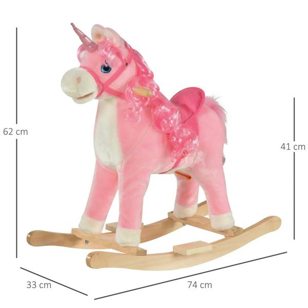 Pink plush unicorn ride-on on wooden rocker base with blue eye and horn