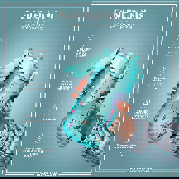 A teal water bottle, featuring a mermaid design, is being held. Its flip lid opens 240 degrees. The bottle is designed for on-the-go drinking. POD RECYCLON™