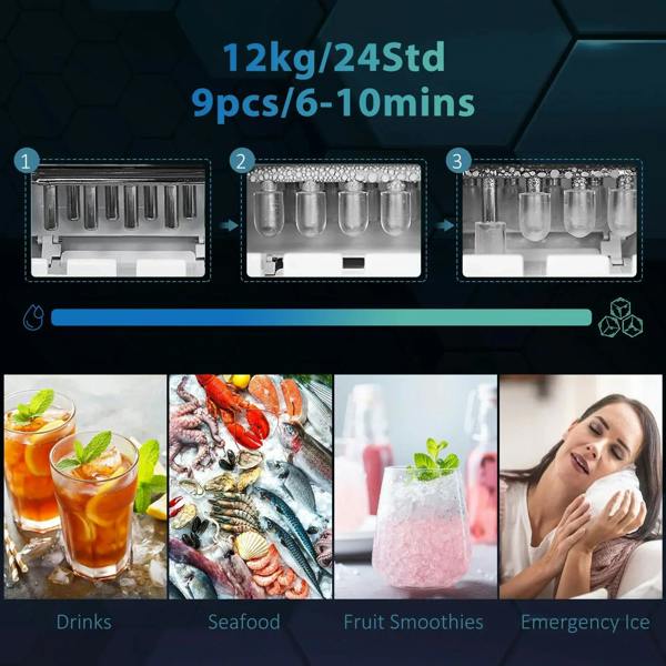 Black ice maker machine with step-by-step ice making cycle graphics