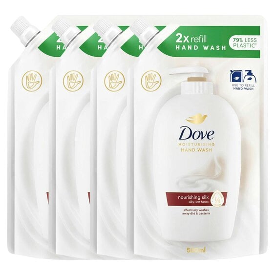 Dove Moisturising Hand Wash Silky Soft Eco-Refill 500ml, Nourishing Silk 4 Pack