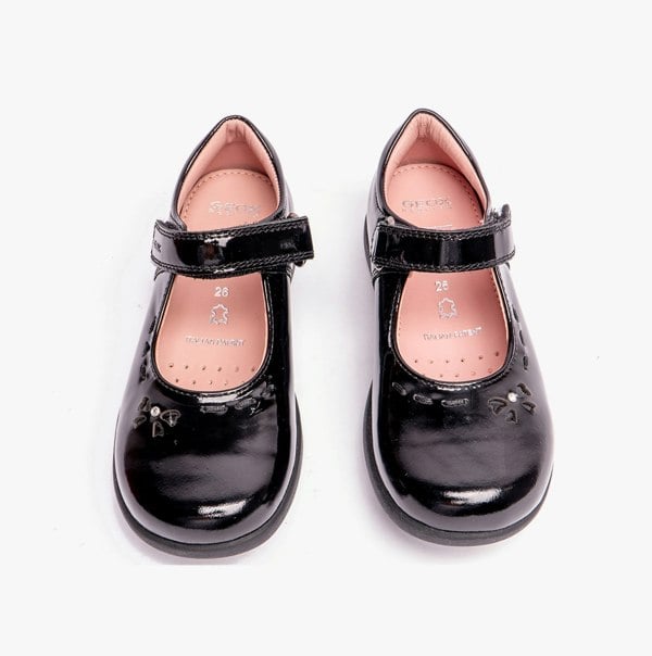 GEOX NAIMARA G A Girls Leather Touch Fasten School Shoes Patent Black