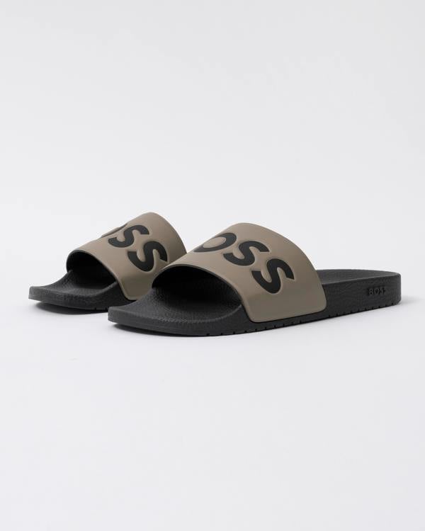BOSS Orange Aryeh Mens Italian-Made Slides With Large Logo Detail in Open Brown 248