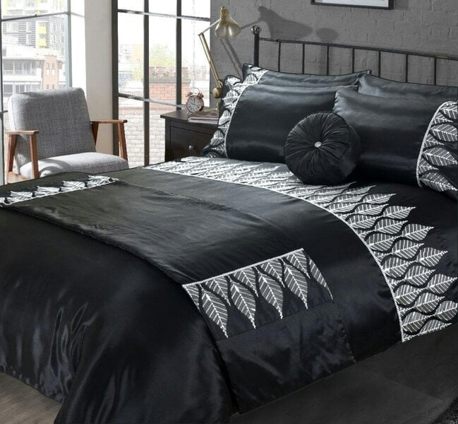 Night Zone Mabel Sequin Leaf Microfibre Duvet Cover Set – Black & Silver Glam Bedding