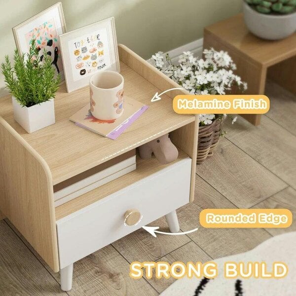 Kids Bedside Table with Drawer and Open Storage Shelf, Wooden Nightstand for Bedroom, Bedside Cabinet, White