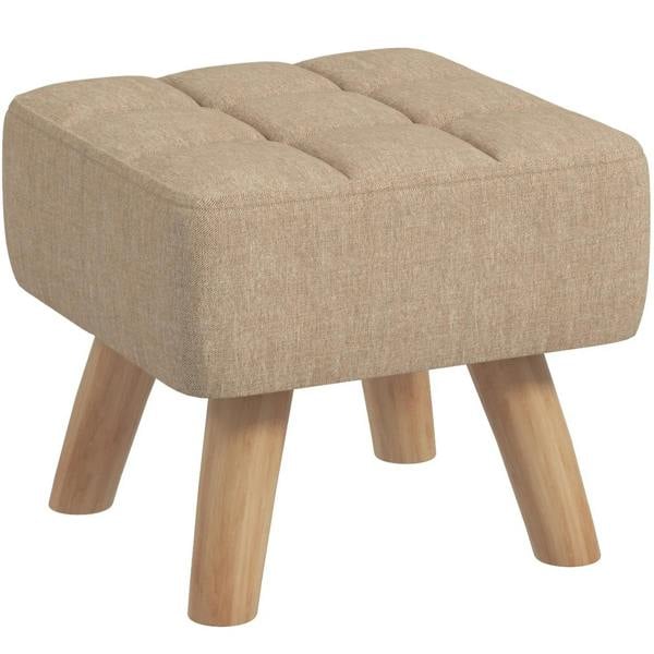 Square padded footstool in brown linen-look fabric, tufted top, wooden legs
