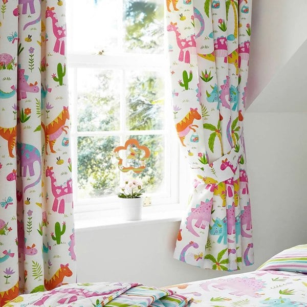 Daisy Dino Pink Dinosaur Curtains - Happy Linen Company