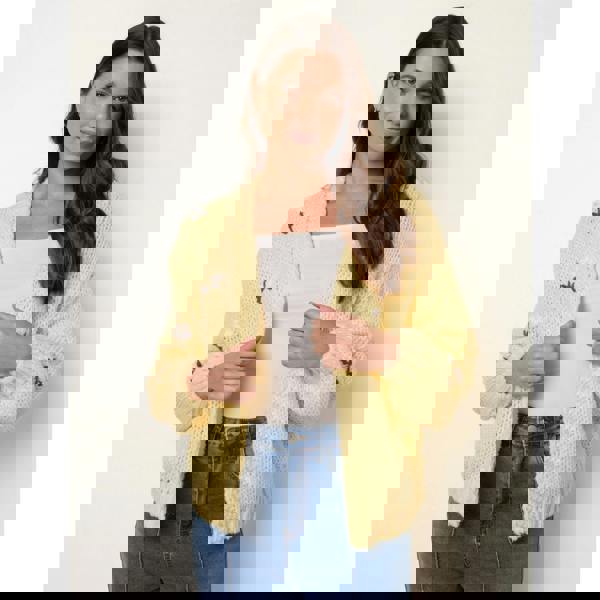 Blue Vanilla Flower Embroidery Detailed Cardigan - Yellow