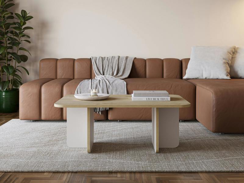 Decortie Modern Rectangular Curved Corners Coffee Table 100cm Centre Table with Thick Slab Legs for Home, Office