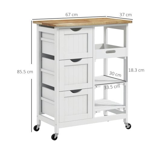 Wyld Haus Lonoronno Wooden White Compact Rolling Kitchen Island With Natural 3 Shelves 3 Drawers