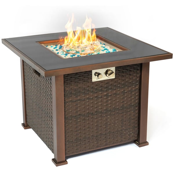 MDA Designs Ostara Stylish Bronze Wicker Garden and Patio Gas Fire Pit Multi-Purpose Glass Tabletop Outdoor Smoke-Free Heater