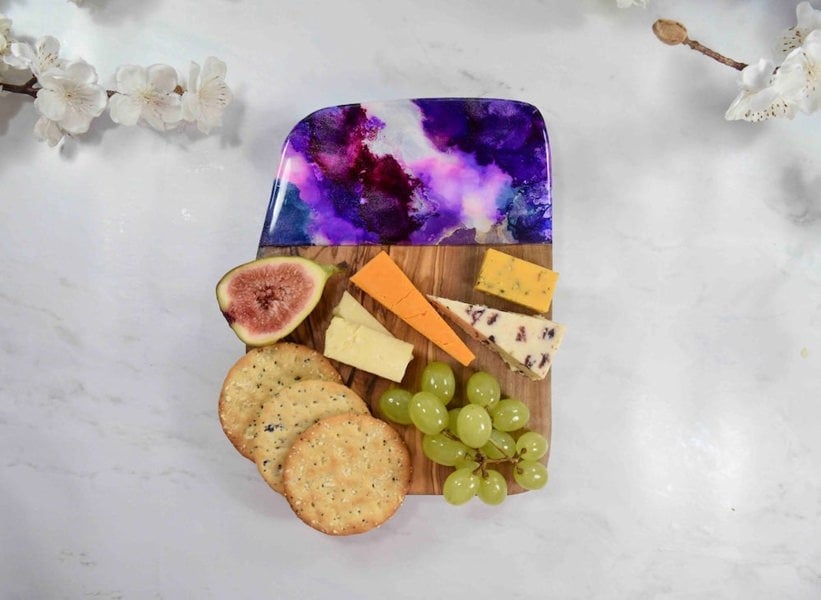 Kate Chesters Art Olive Wood Cutting Board with Purple Resin Art