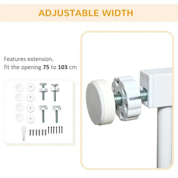 White adjustable-width pet gate extension bracket with mounting hardware