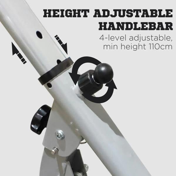 Height-adjustable grey stepper handlebar with locking knob and pivot joint