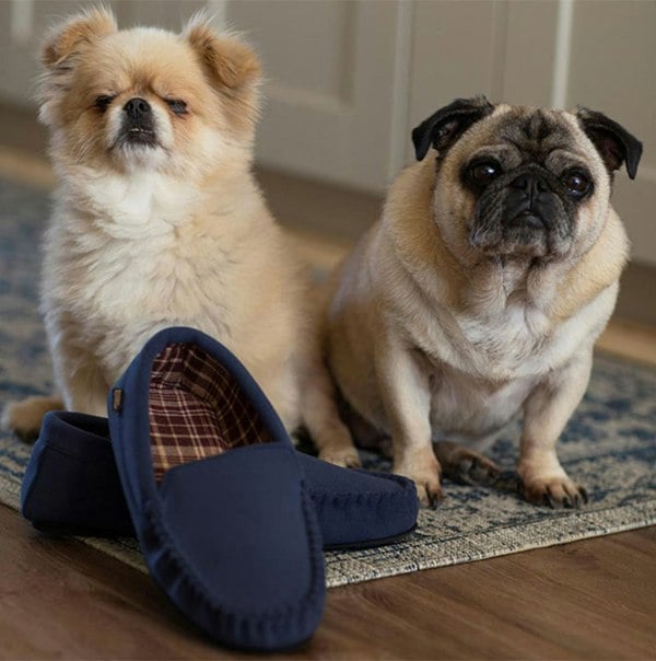 Totes Isotoner MOLESKIN CHECK LINED Boys Moccasin Slippers Navy