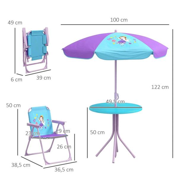 Kids fairy-themed patio set with round table, foldable chairs, and size diagram