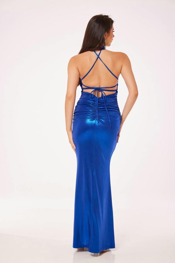LuvForever Metallic Blue Halterneck Maxi Dress