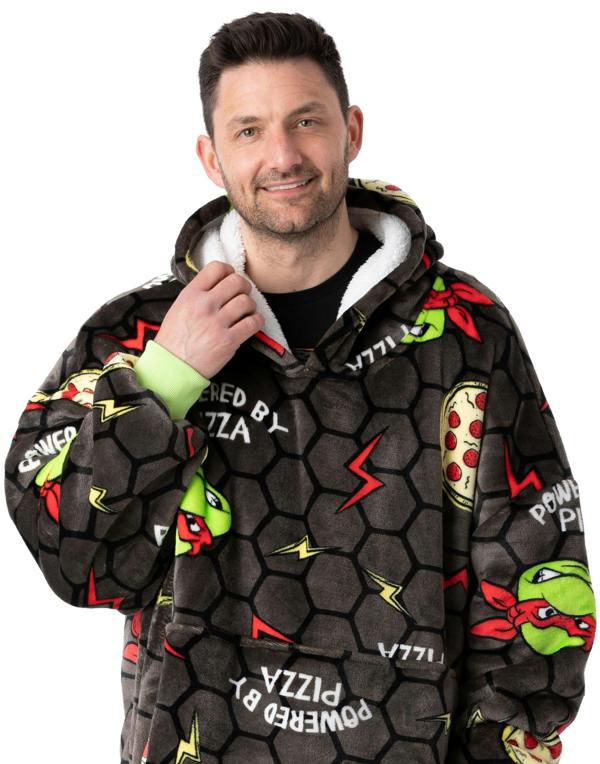Teenage Mutant Ninja Turtles Mens Grey POWERED BY PIZZA Blanket Hoodie (One Size)