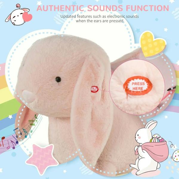 Pink plush rabbit rocking horse ride-on with sound button on the ear