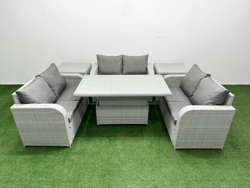 Fimous  6 Seater PE Wicker Rattan Furniture Sofa Sets with Adjustable Lifting Dining or Coffee Table 2 Seater Love Sofa 2 Side Table Light Grey