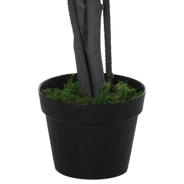 Artificial tree trunk with moss and green leaves emerging from black pot