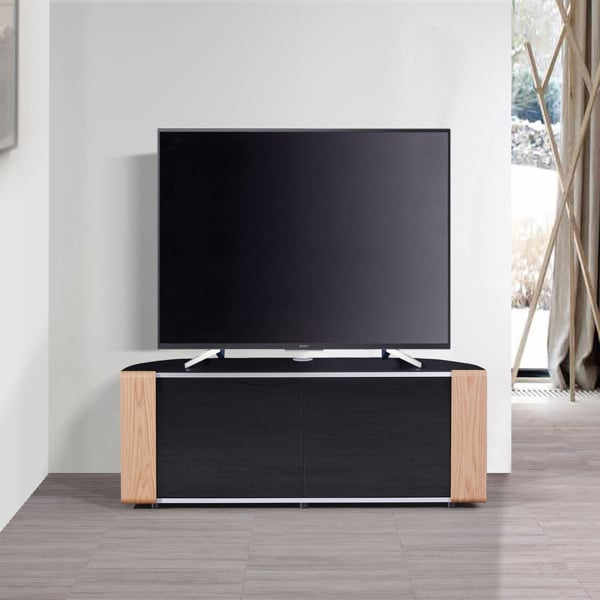 MDA Designs Sirius 1600 TV Cabinet Gloss Black Stand with BEAMTHRU Remote-Friendly Glass Door, Walnut/Oak Trims for TVs up to 70” TV