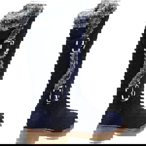 Hush Puppies Megan Womens Tall Hi Zip Up Mid Calf Boots, navy blue suede boots with faux fur trim and buckles.