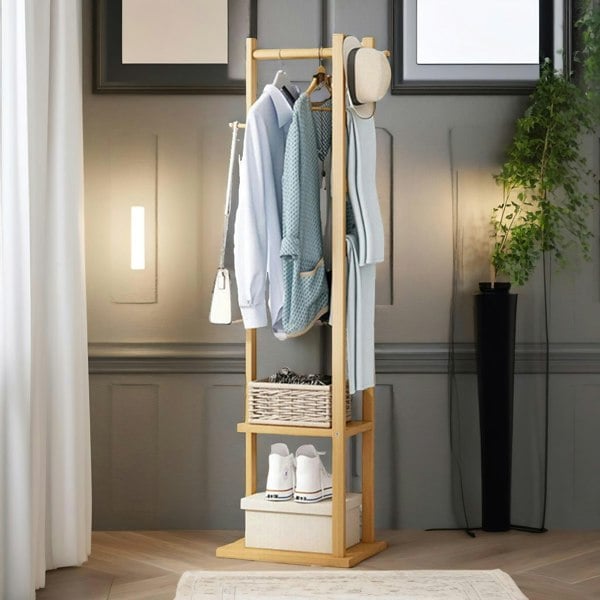 Rafaelo Mobilia Narrow Bamboo Clothes Rail With 2 Shelves