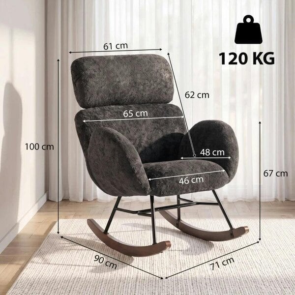 Upholstered Rocking Chair Adjustable Headrest Rocker Chair Raindrop Velvet Rubberwood Base Dark Grey