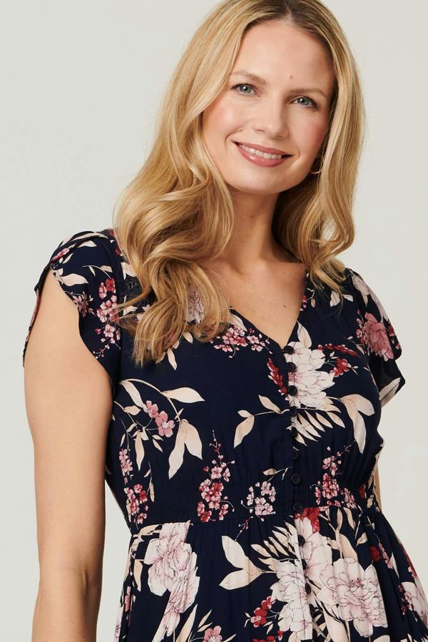 Navy | Floral Cap Sleeve Shirred Maxi Dress
