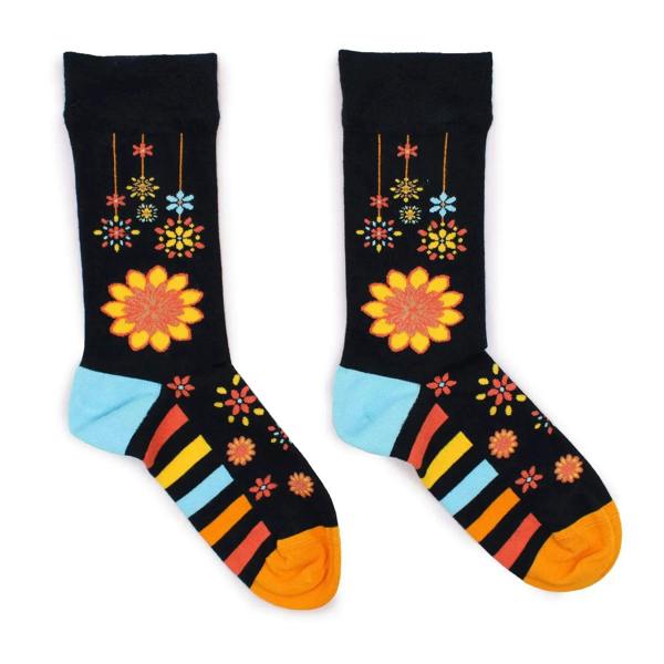 Black bamboo socks with colorful mandala flowers, light blue cuffs, striped toes